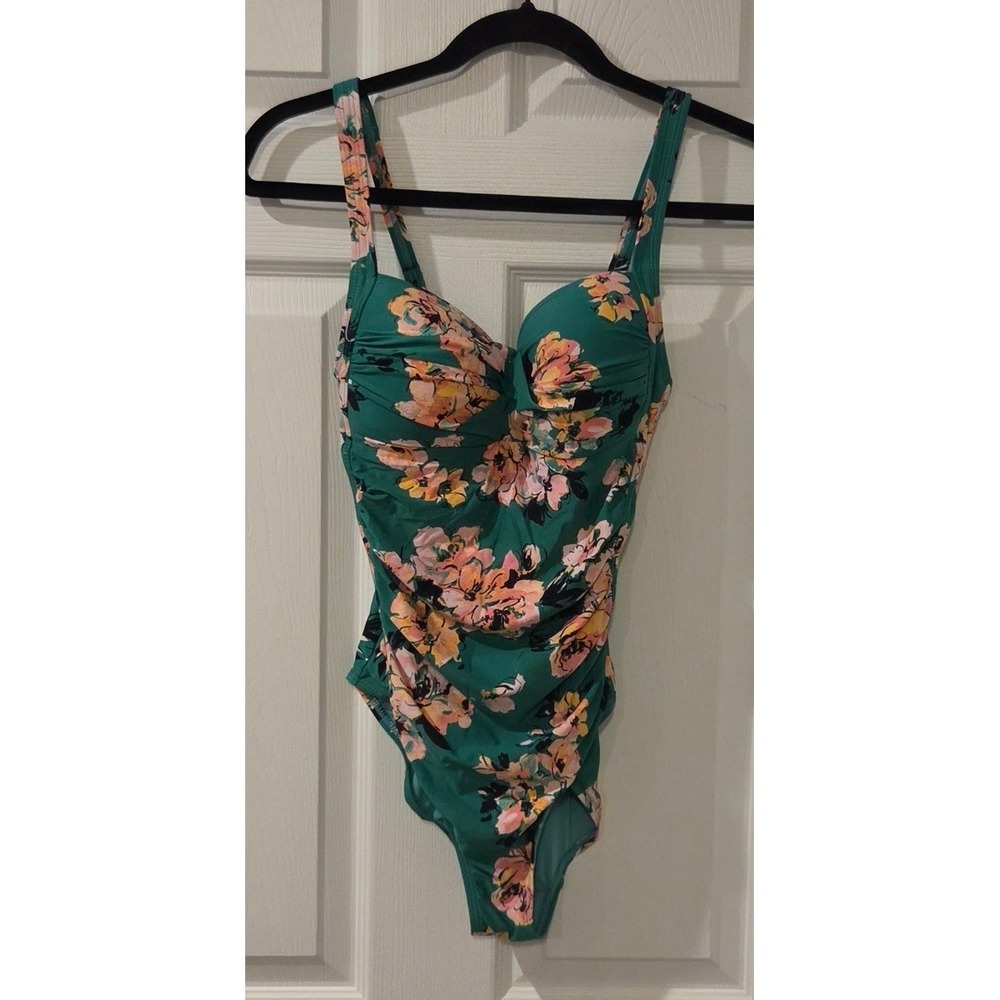 Nip Tuck Swim One Piece Swimsuit 6 Green Floral Ruched Multi Fit Cup